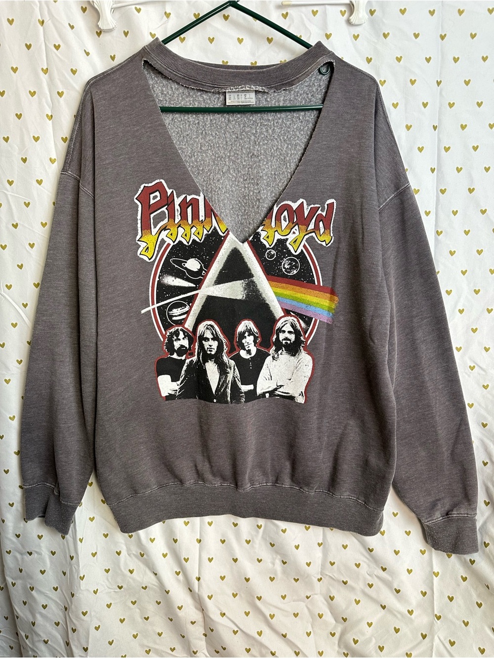 Pink Floyd Vintage-Style Deep V Sweatshirt in Washed Gray w band members prism